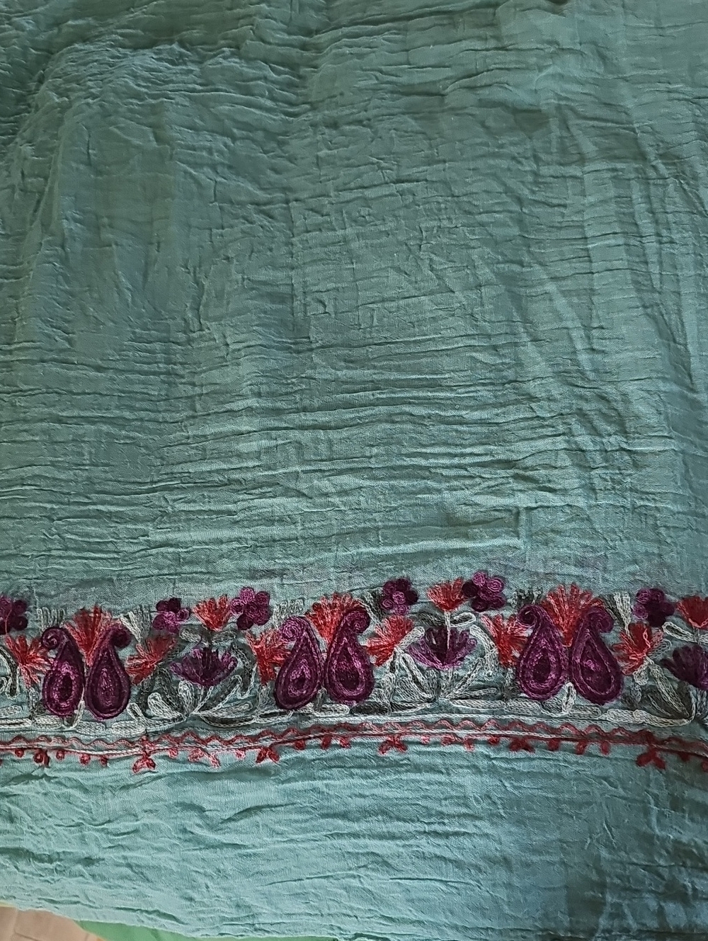 Pretty Persuasions Teal Maxi Scarf/ Shawl with Purple & Red Floral Embroidery